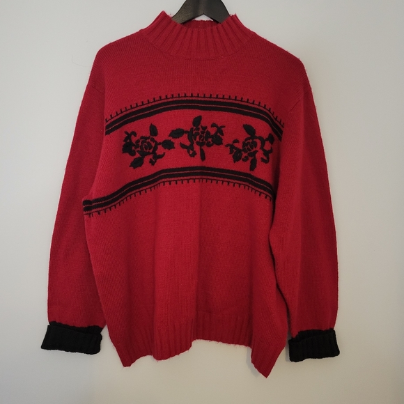 Evan Picone women's vintage mock neck sweater red with black embroidery - Picture 9 of 9